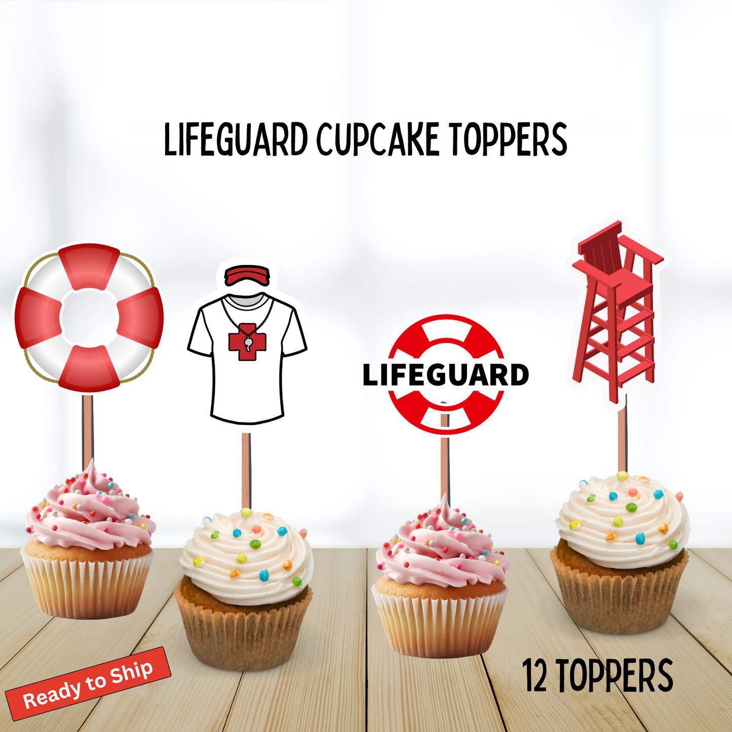 Lifeguard Beach Ball Cupcake Toppers