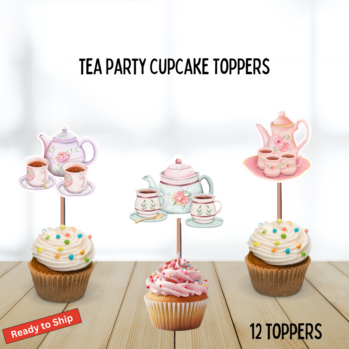 Floral Watercolor Tea Party Cupcake Toppers