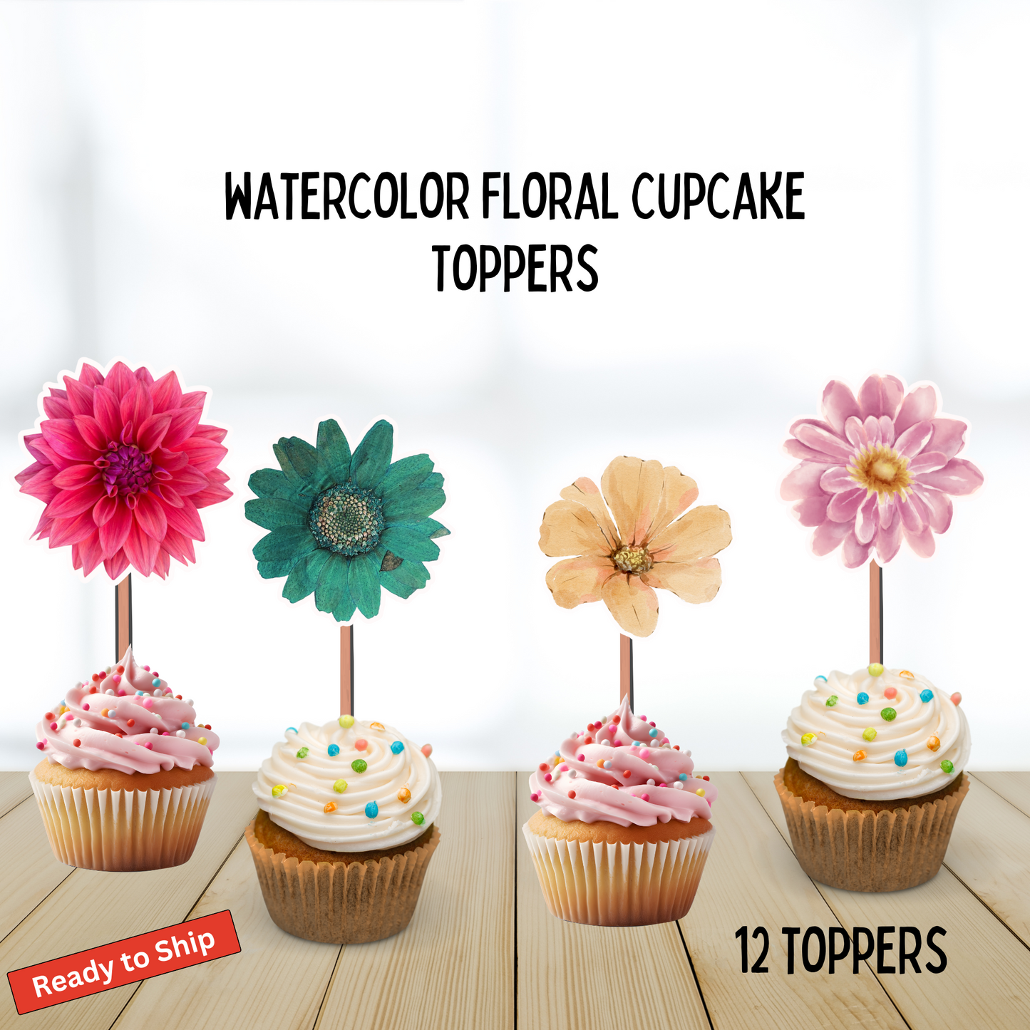 Watercolor Floral Cupcake Toppers