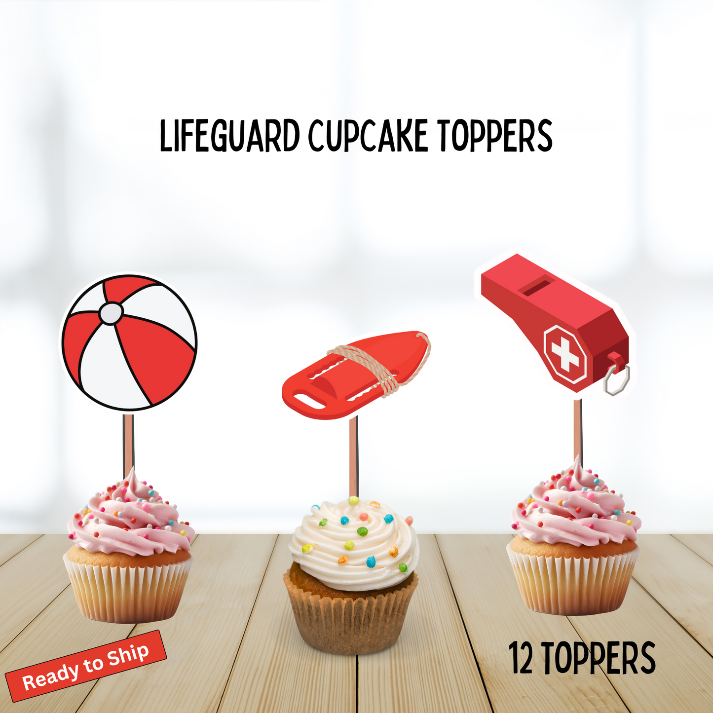 Lifeguard Beach Ball Cupcake Toppers