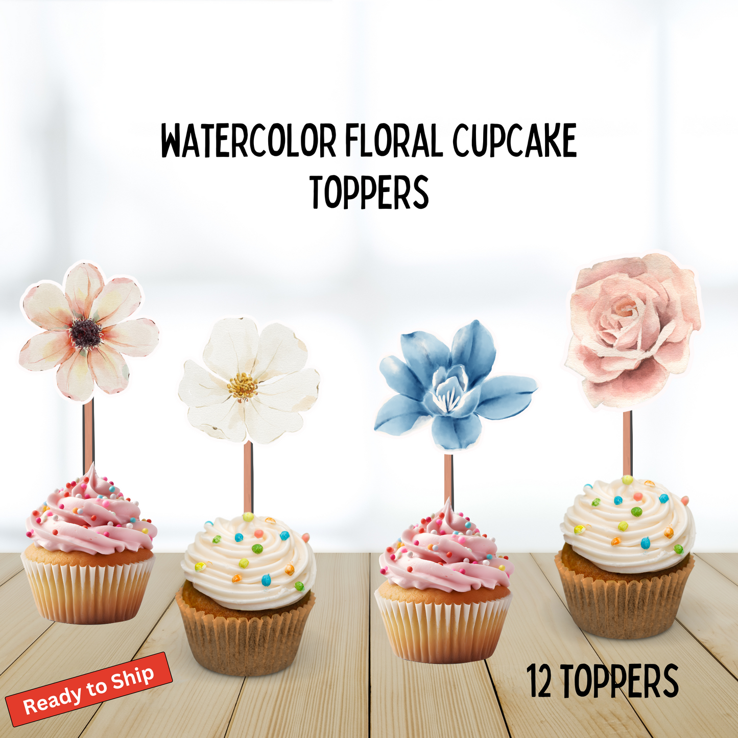 Watercolor Floral Cupcake Toppers