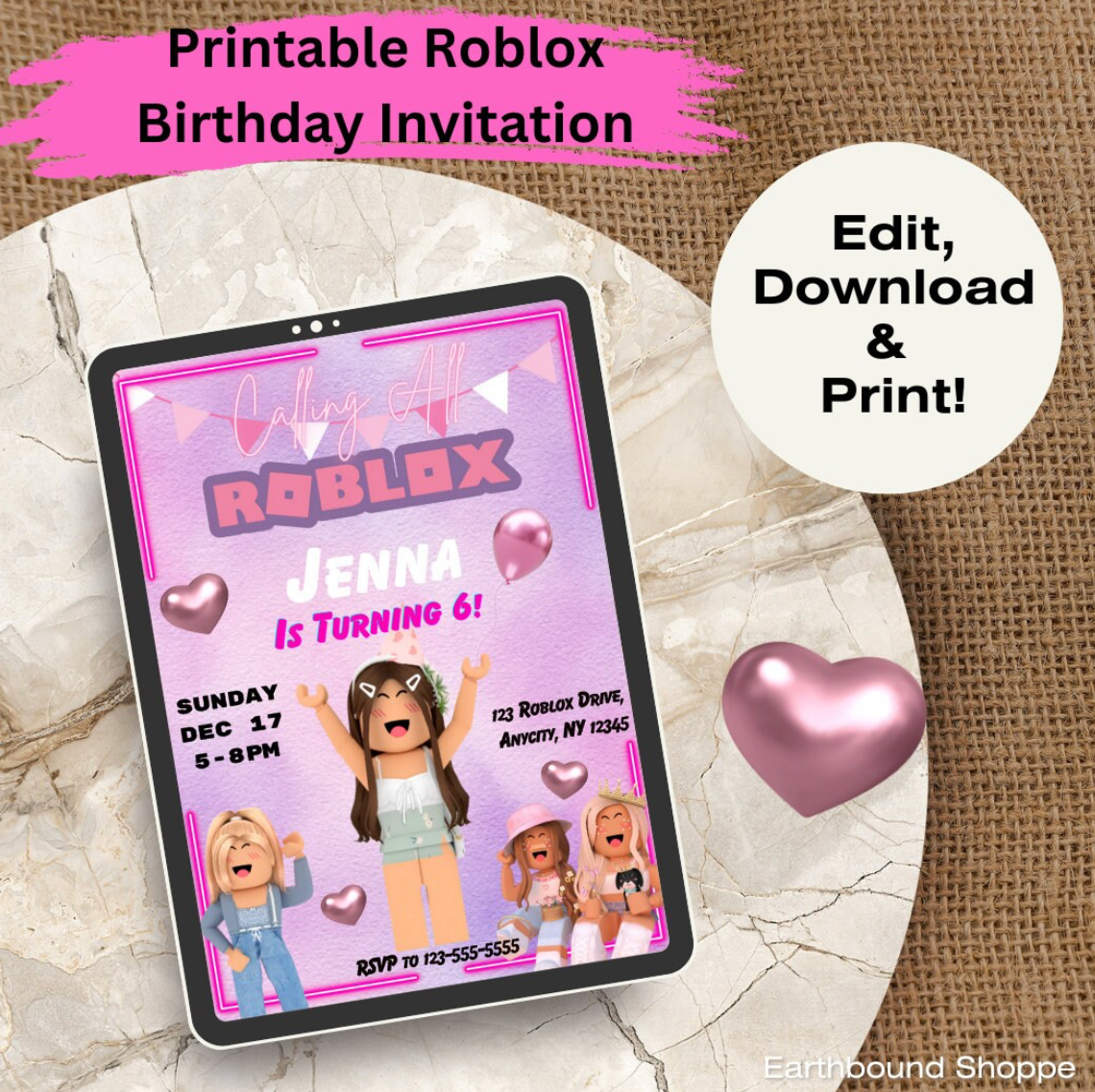 Girl Pink Roblox Birthday Invitation