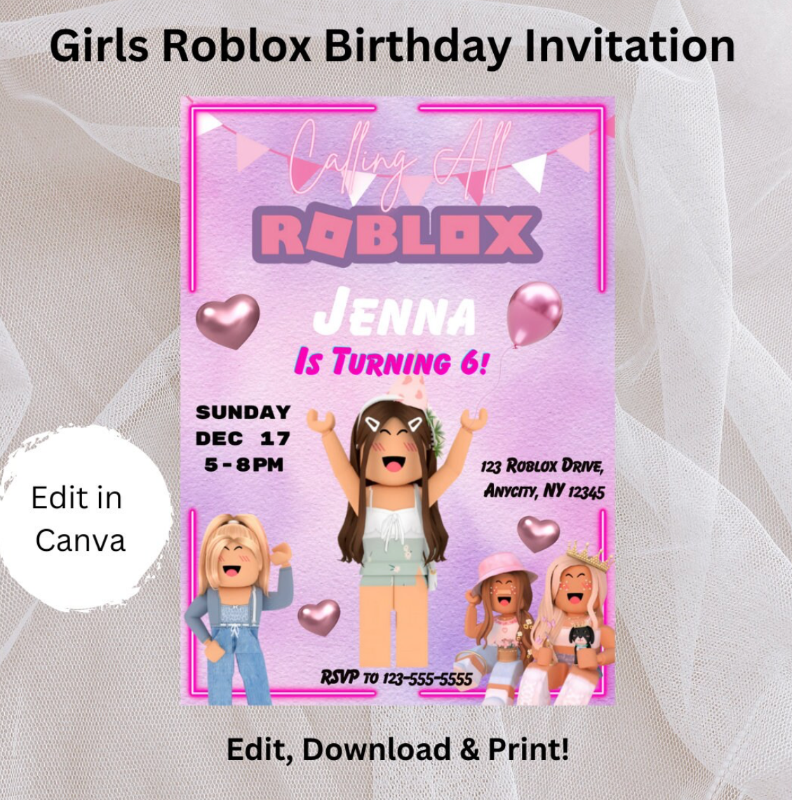 Girl Pink Roblox Birthday Invitation