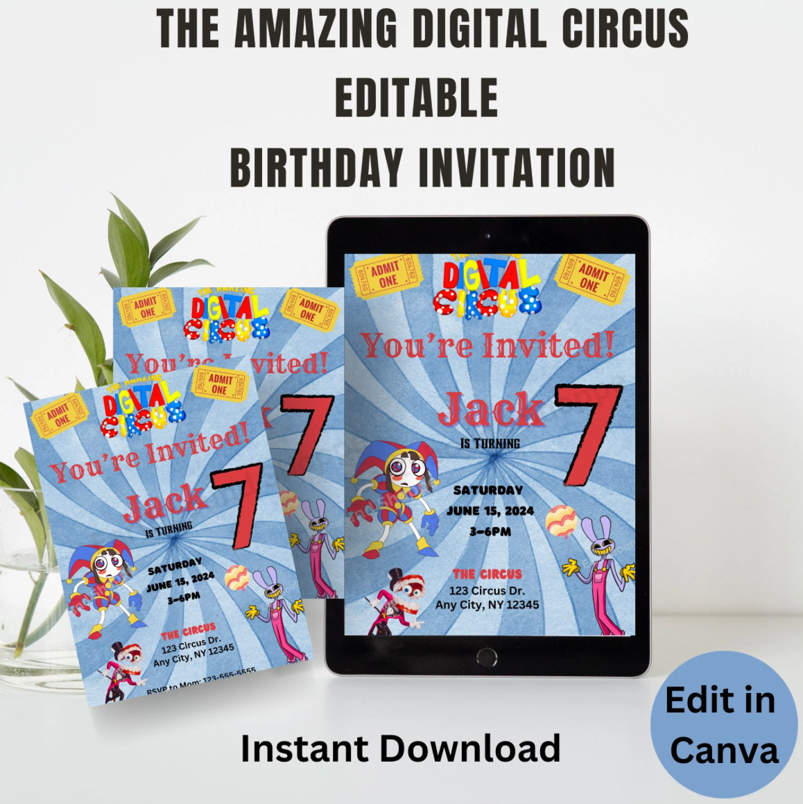 The Amazing Digital Circus Editable Printable Birthday Invitation