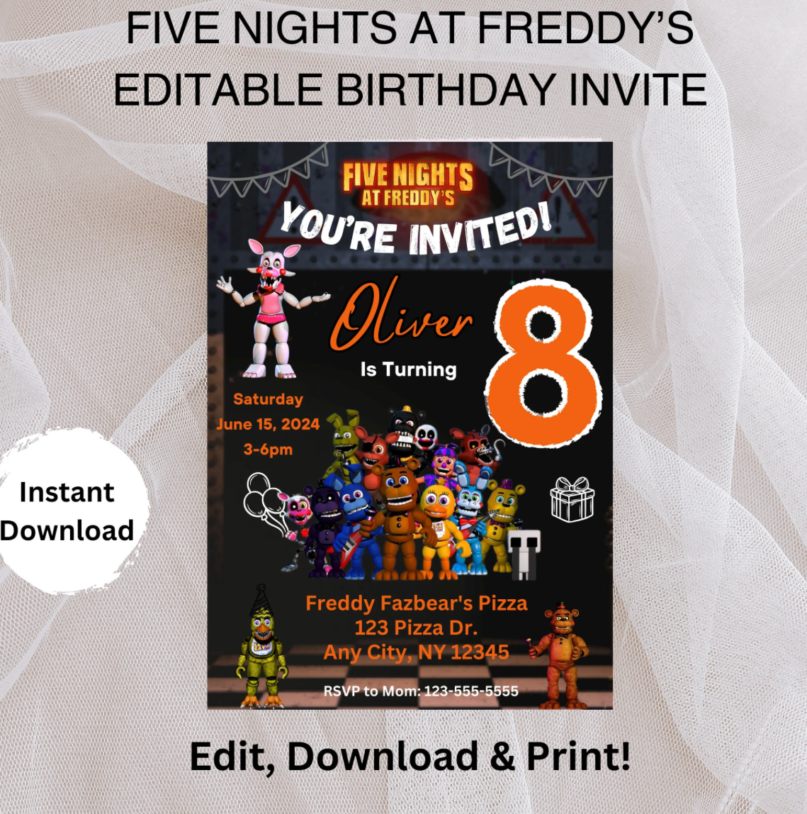 Five Nights at Freddy's Editable Printable Birthday Invitation