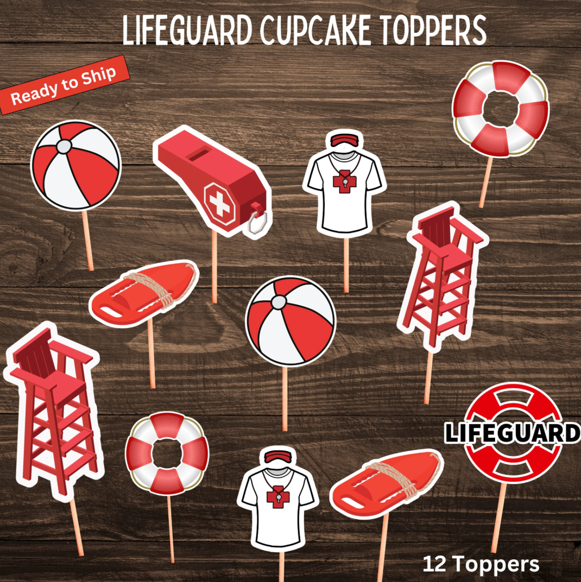 Lifeguard Beach Ball Cupcake Toppers