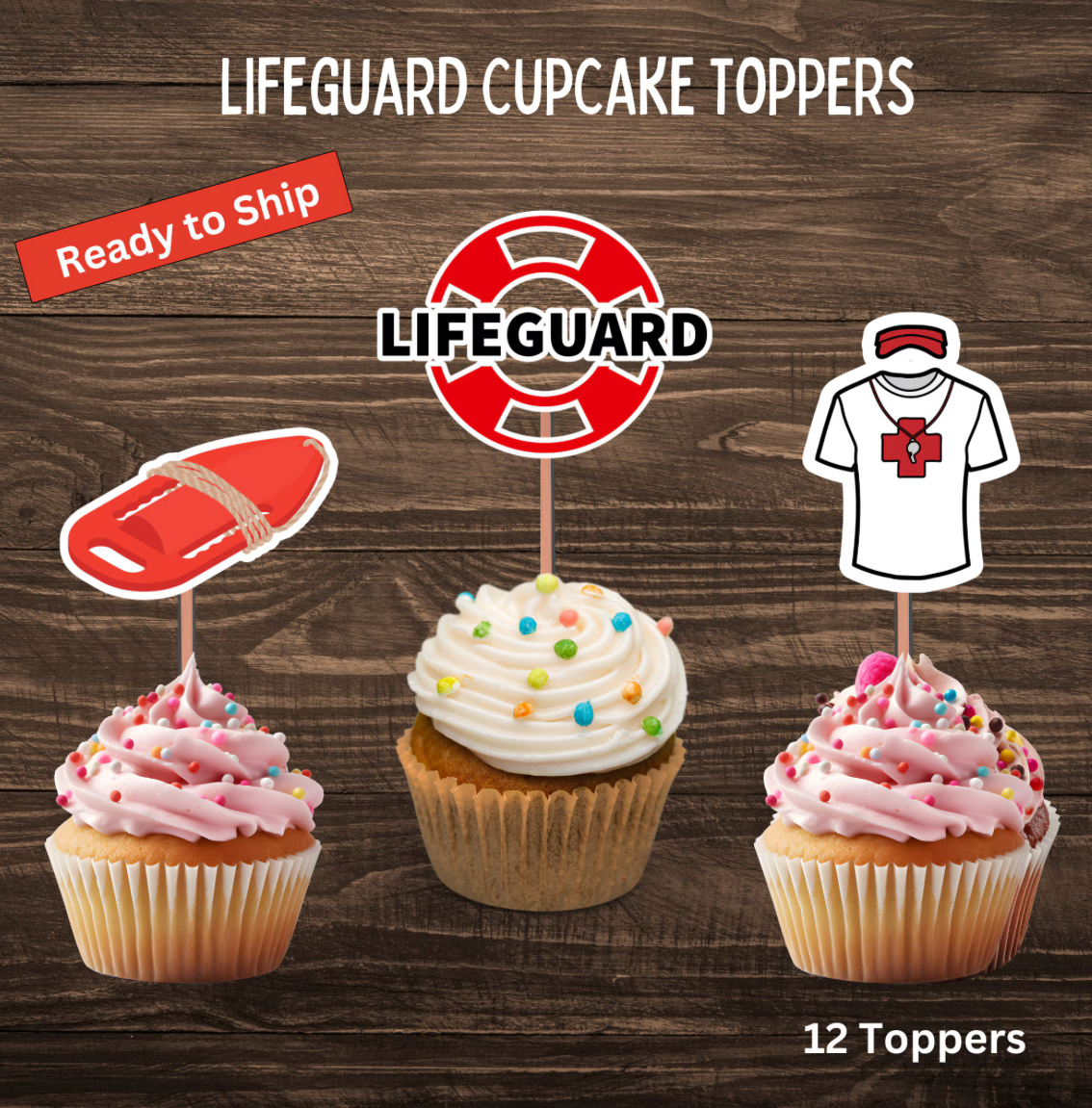 Lifeguard Beach Ball Cupcake Toppers