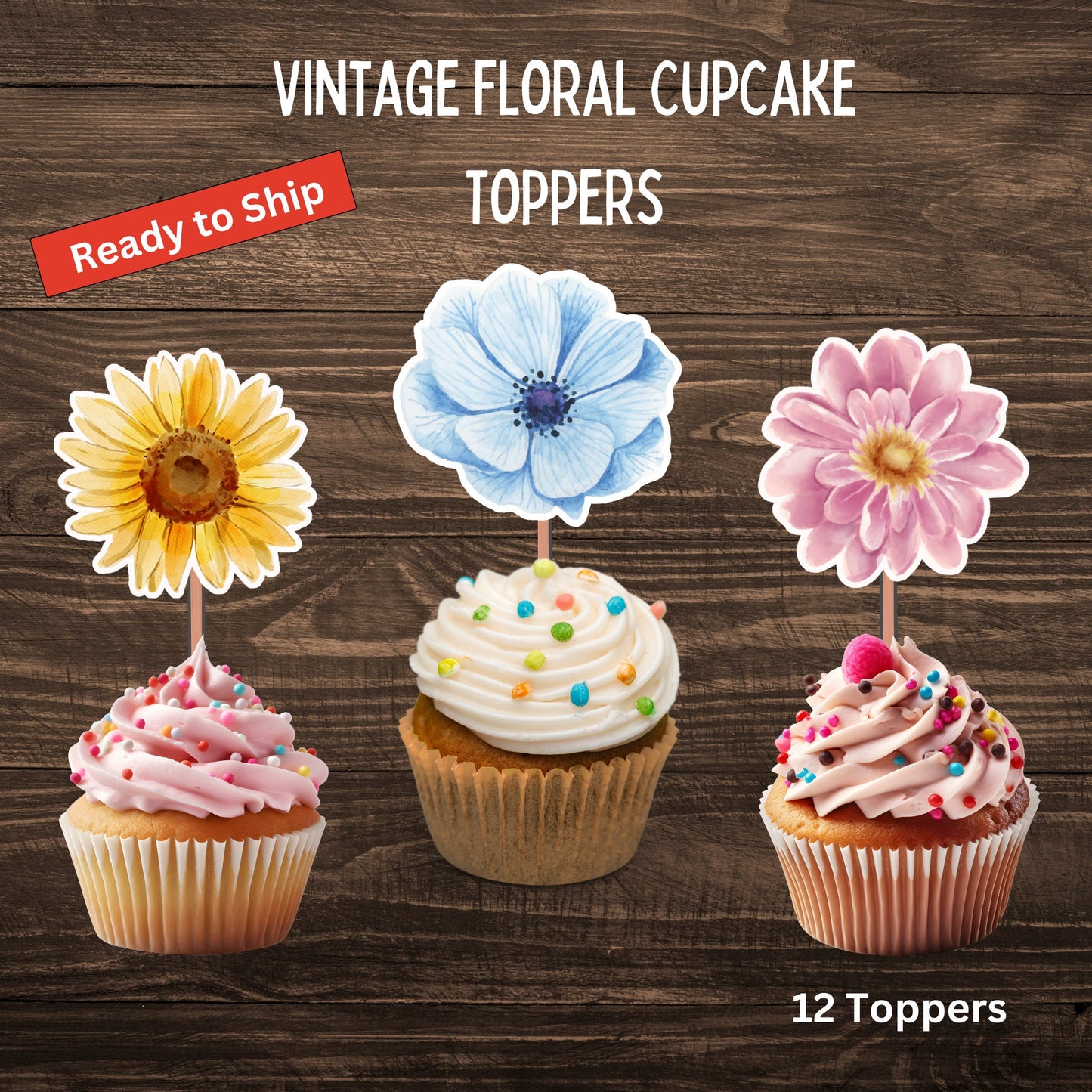 Watercolor Floral Cupcake Toppers