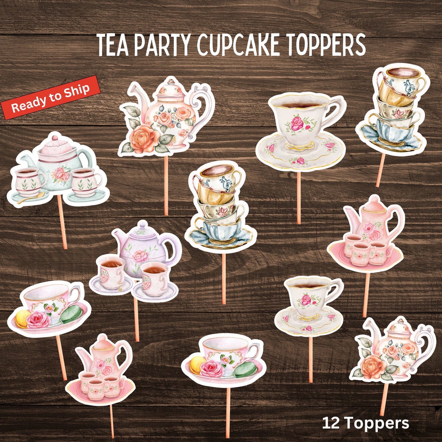 Floral Watercolor Tea Party Cupcake Toppers