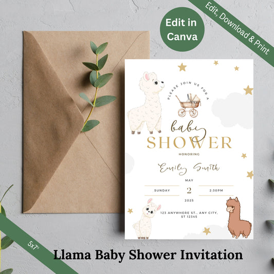 Cute Llama Baby Shower Editable Printable Invitation