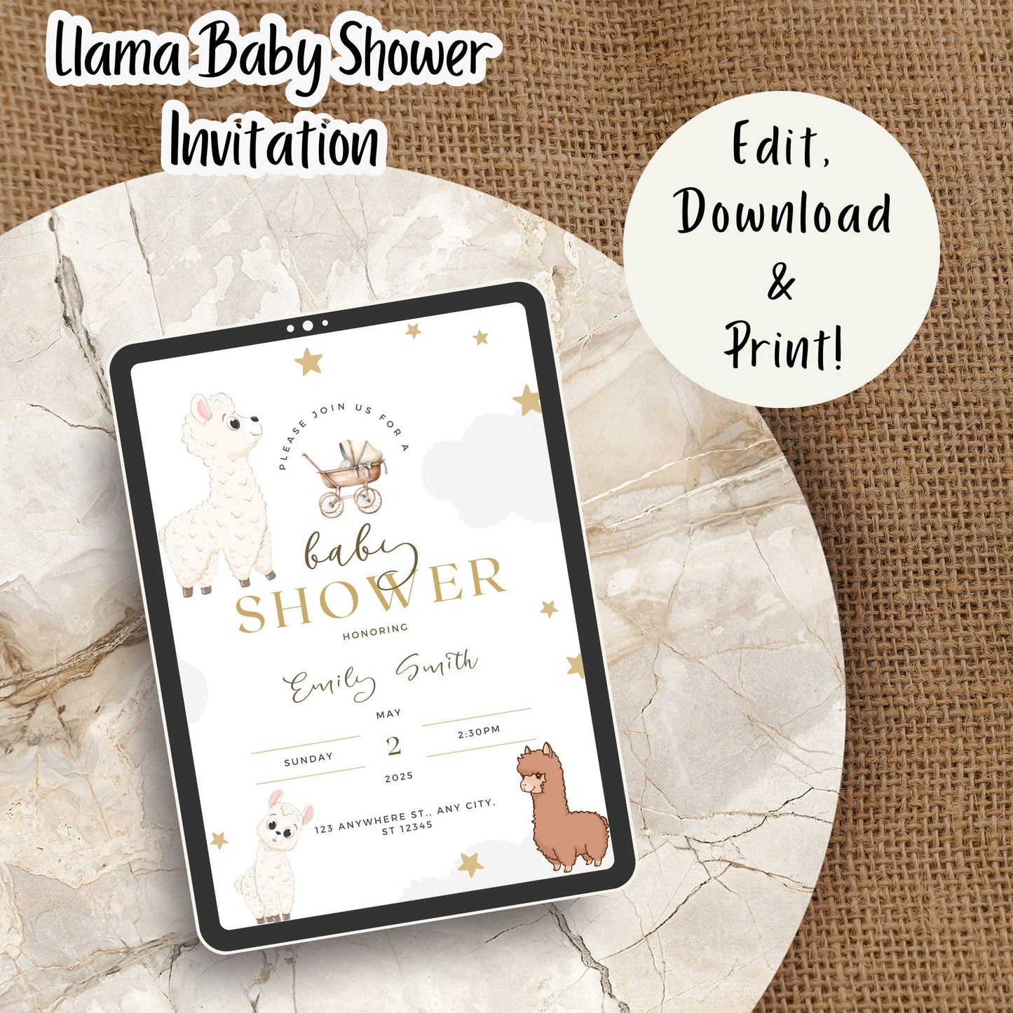 Cute Llama Baby Shower Editable Printable Invitation