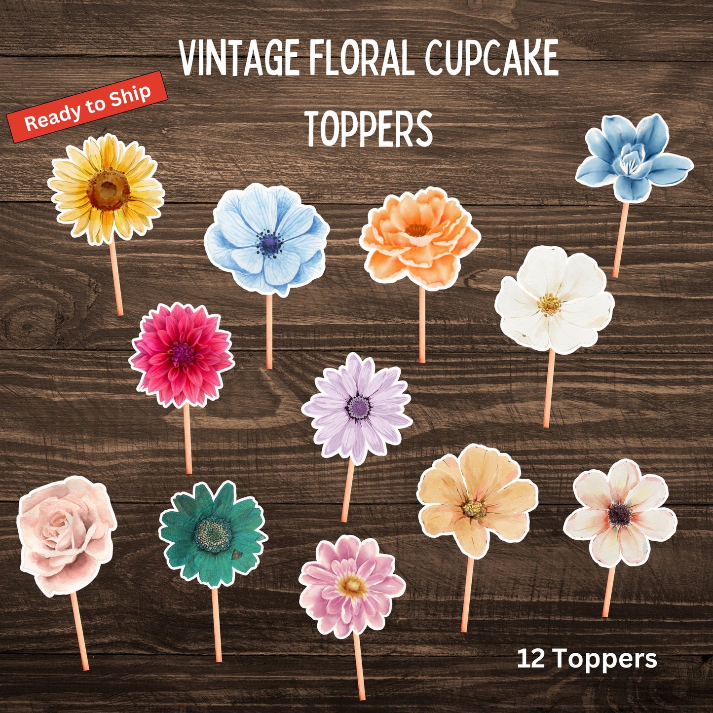 Watercolor Floral Cupcake Toppers