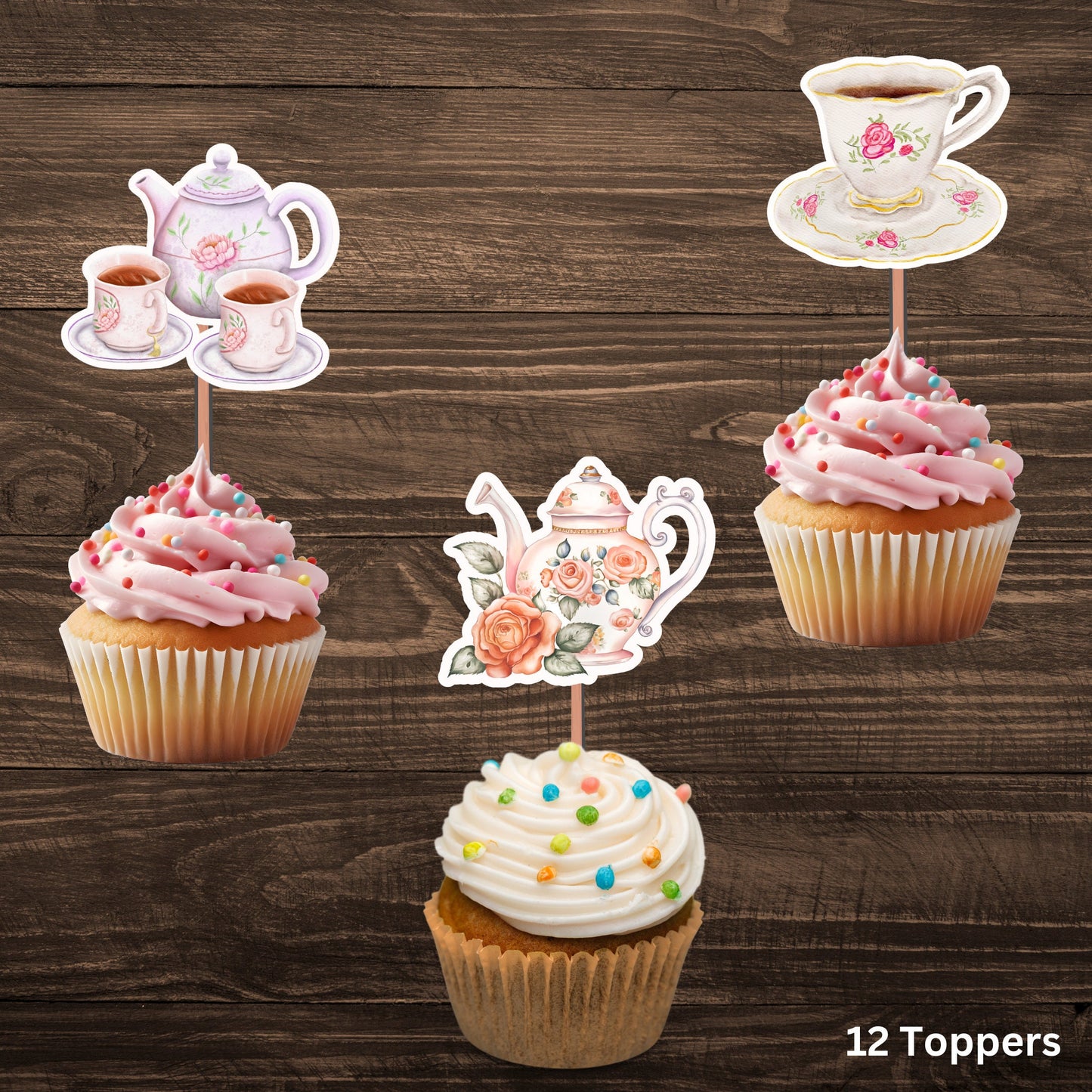 Floral Watercolor Tea Party Cupcake Toppers