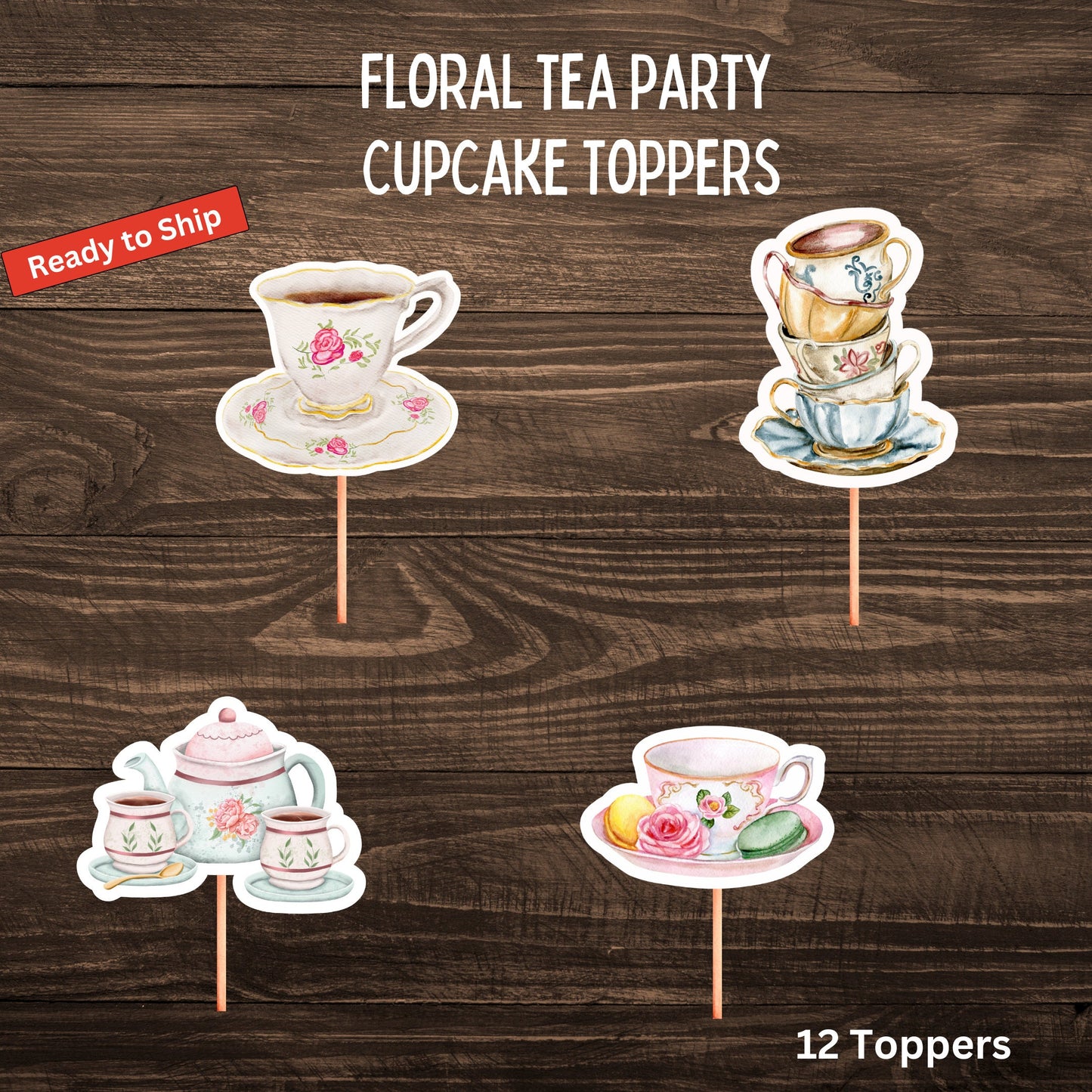 Floral Watercolor Tea Party Cupcake Toppers