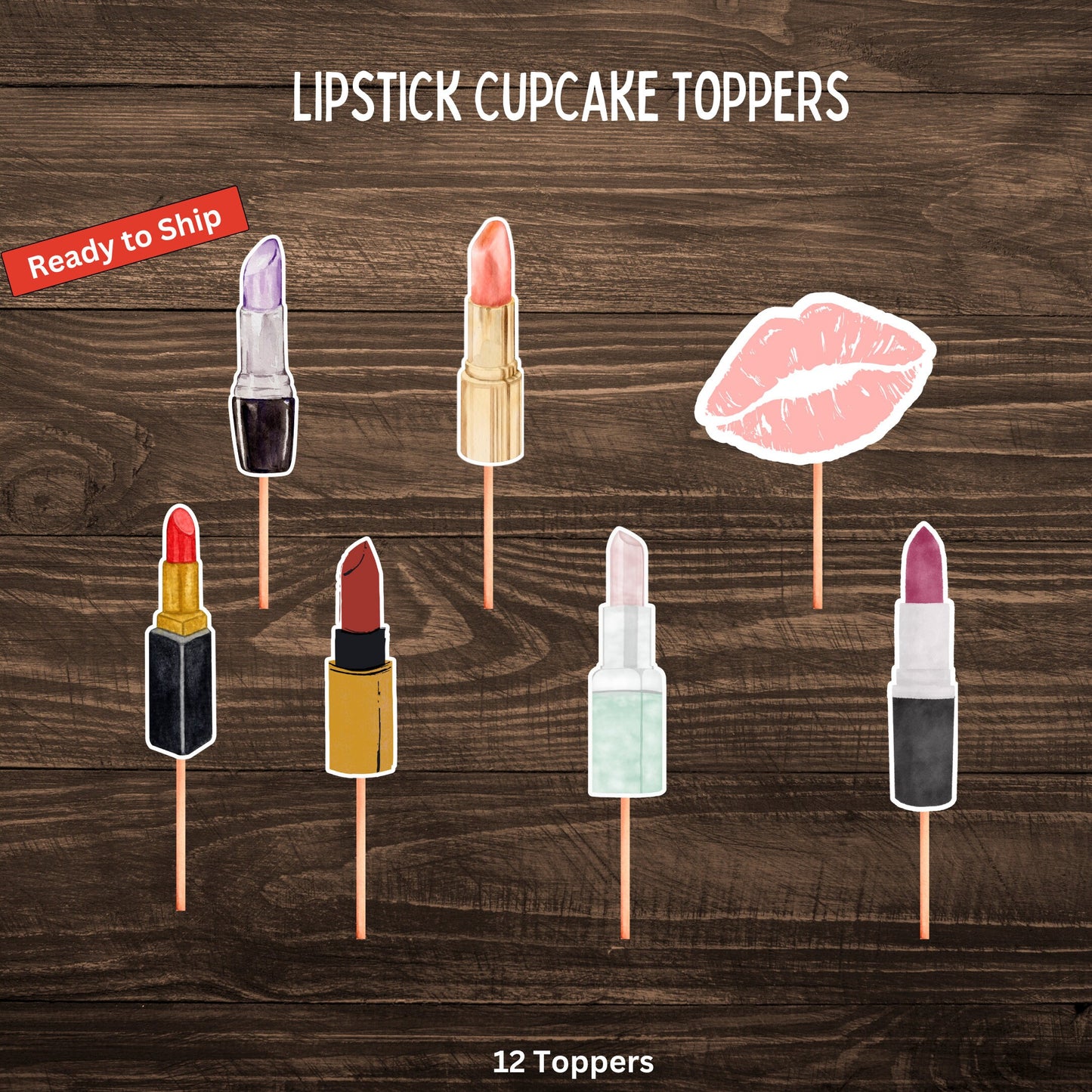 Lipstick Watercolor Cupcake Toppers